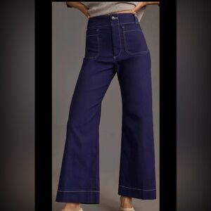 Maeve Anthropologie Colette Linen Blend Contrast Stitch Wide Leg Pants Size 27